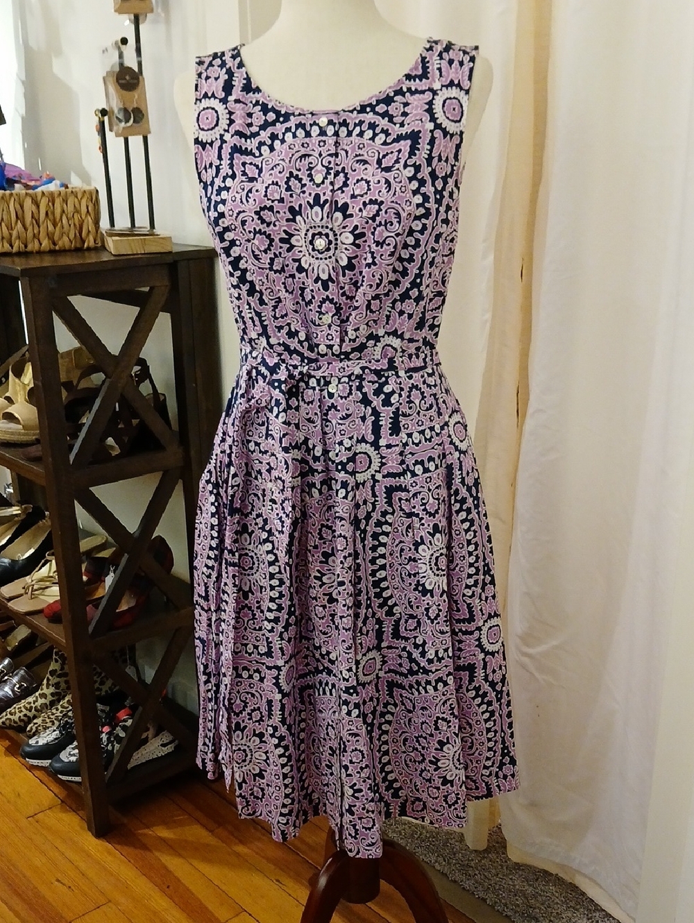 Talbots Navy and Light Pink Printed Sleeveless Midi Dress